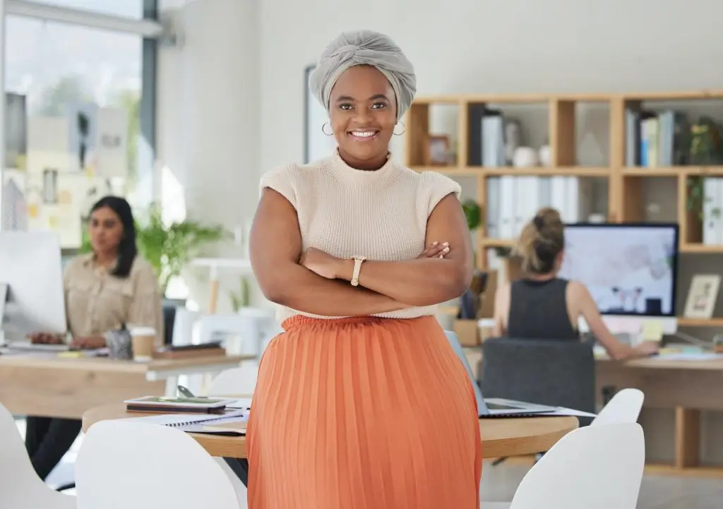 Innovation, leadership and a proud black business woman standing in power in a corporate office. Ha